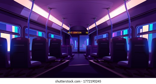 Empty bus or train interior with chairs, handrails and windows at night. Vector cartoon cabin of passenger carriage transport with comfortable seats, lamps and digital display back view