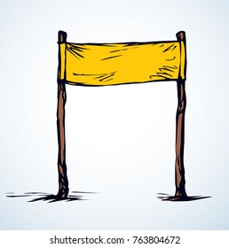Empty business ad event canvas design template backdrop on wooden stick. Bright orange color handdrawn logo emblem sketchy in art retro scribble cartoon graphic style. Close up view and space for text