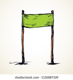 Empty business ad event vibrant canvas design template backdrop on wooden stick. Bright lime color hand drawn logo emblem in art retro doodle cartoon graphic style. Close up view with space for text