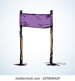 Empty business ad event violet canvas design template backdrop on wooden stick. Bright lilac color hand drawn logo emblem in art retro doodle cartoon graphic style. Close up view with space for text