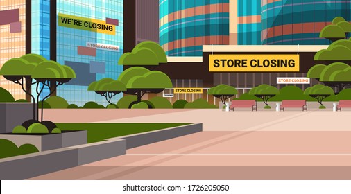 Empty Business Center With Store Closing Sign Coronavirus Pandemic Quarantine Covid-19 Concept No People Shopping Mall Retail Store Exterior Horizontal Vector Illustration