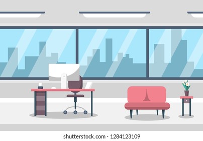 Empty Business Office Room with Computer on Table and Sofa. Vector Flat Design City View with Skyscrapers on Background.