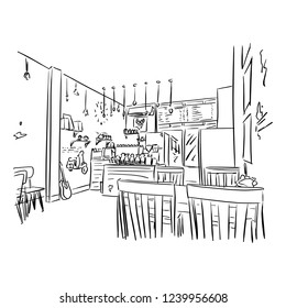 Empty cafe or bar interior vector illustration sketch doodle hand drawn with black lines isolated on white background