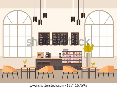 Empty cafe bar restaurant pub furniture interior. Vector concept flat graphic simple illustration