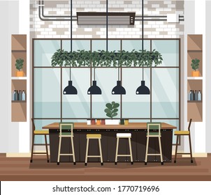 Empty cafe interior with bar stand,table and armchairs. Coffeehouse, coffee shop or cafe. Flat design vector illustration