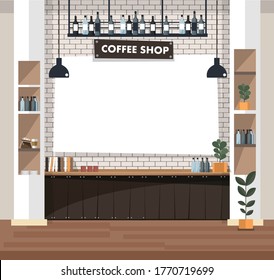 Empty cafe interior with bar stand,table and armchairs. Coffeehouse, coffee shop or cafe. Flat design vector illustration
