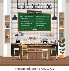Empty cafe interior with bar stand,table and armchairs. Coffeehouse, coffee shop or cafe. Flat design vector illustration