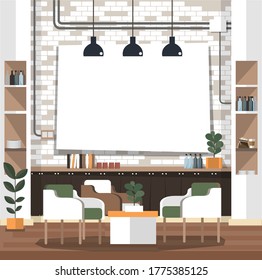 Empty cafe interior with bar stand,table and armchairs. Coffeehouse, coffee shop or cafe. Flat design vector illustration