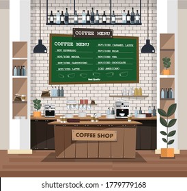 El interior de una cafetería vacía con un bar, una mesa y sillones. Cafetería, cafetería o cafetería. Ilustración vectorial de diseño plano