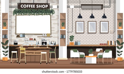 Empty cafe interior with bar stand,table and armchairs. Coffeehouse, coffee shop or cafe. Flat design vector illustration