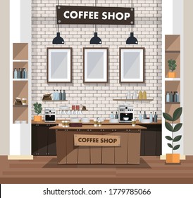 Empty cafe interior with bar stand,table and armchairs. Coffeehouse, coffee shop or cafe. Flat design vector illustration