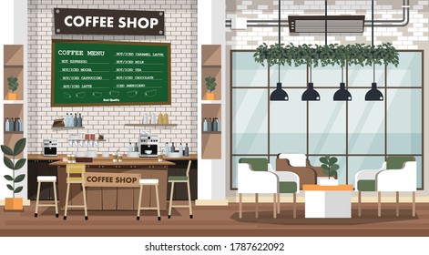 Empty cafe interior with bar stand,table and armchairs. Coffeehouse, coffee shop or cafe. Flat design vector illustration