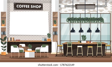 Empty cafe interior with bar stand,table and armchairs. Coffeehouse, coffee shop or cafe. Flat design vector illustration