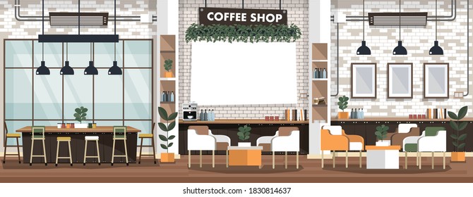 Empty cafe interior with bar stand,table and armchairs. Coffeehouse, coffee shop or cafe. Flat design vector illustration