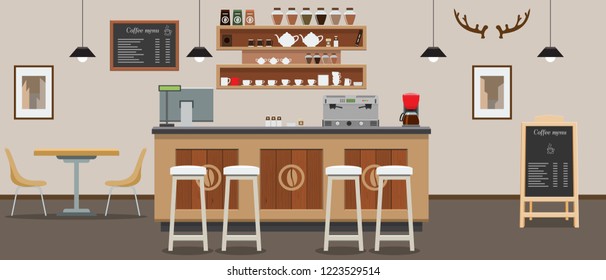 Empty cafe interior. Cofee shop Bar counter with flat and solid color style. Vector illustration