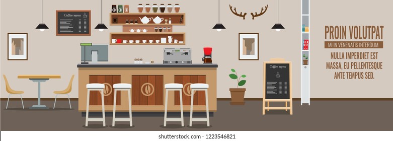 Empty Cafe Interior. Cofee Shop Bar Counter With Flat And Solid Color Style. Vector Illustration