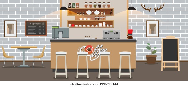 Empty cafe interior. Cofee shop Bar counter with flat and solid color style. Vector illustration