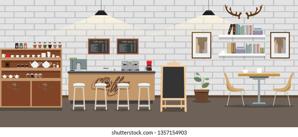 Empty Cafe Interior. Cofee Shop Bar Counter With Flat And Solid Color Style. Vector Illustration