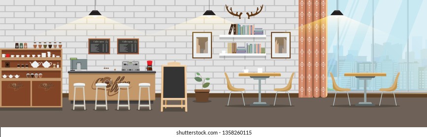 Empty Cafe Interior. Cofee Shop Bar Counter With Flat And Solid Color Style. Vector Illustration