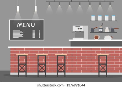 Empty cafe interior. Coffee shop menu on the blackboard and birck counter. Coffeemachine for espresso or capuccino making. Furniture in the bar. Flat vector illustration