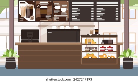 Empty cafe interior, Coffee shop bar counter, Modern coffee shop in city view, Background illustration.