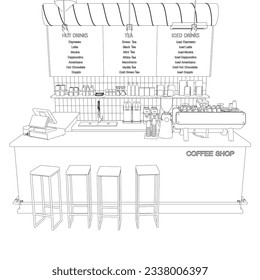 Empty cafe interior contour. Flat design vector illustration. Interior background , modern coffee shop counter bar scene. Coffeehouse, coffee shop or cafe.