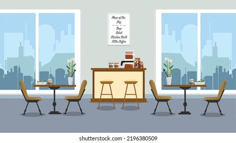 Empty cafe interior design vector illustration. Coffee shop and empty table and chairs. 