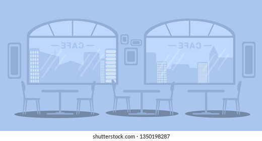 Empty cafe interior flat vector illustration. Silhouette tables and chairs in restaurant hall. Panoramic city view. Monochrome minimalist drawing. Inside cafeteria, canteen, bistro, bar, decor