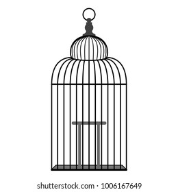 An empty cage for a bird. Black and white silhouette of a cage for a canary, Isolated, white background