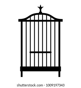 An empty cage for a bird. Black and white silhouette of a cage for a canary, object on white background, isolated, simple, stylized