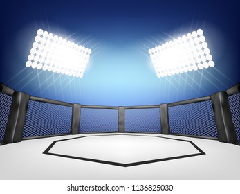 Empty Cage martial arts fighting arena stage with black style and blue background:mma 