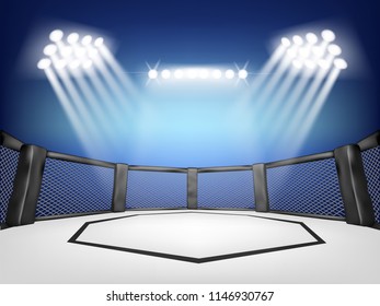 Empty Cage martial arts fighting arena stage with spotlight style and blue blackground:mma 