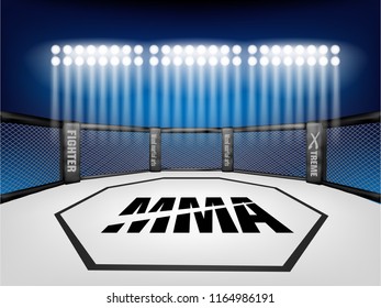 Empty Cage martial arts fighting arena stage with Lighting style:mma 