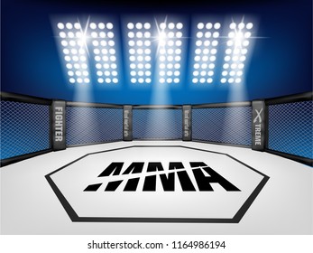 Empty Cage martial arts fighting arena stage with Lighting style:mma 