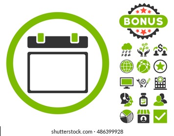 Empty Calendar Day icon with bonus images. Vector illustration style is flat iconic bicolor symbols, eco green and gray colors, white background.