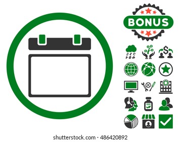 Empty Calendar Day icon with bonus elements. Vector illustration style is flat iconic bicolor symbols, green and gray colors, white background.
