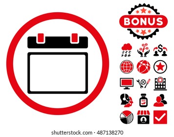 Empty Calendar Day icon with bonus symbols. Vector illustration style is flat iconic bicolor symbols, intensive red and black colors, white background.