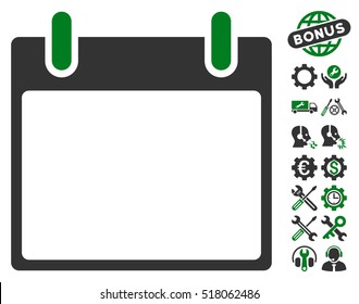 Empty Calendar Leaf icon with bonus tools pictograms. Vector illustration style is flat iconic symbols, green and gray, white background.