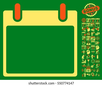 Empty Calendar Leaf icon with bonus calendar and time management icon set. Vector illustration style is flat iconic symbols, orange and yellow, green background.