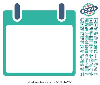 Empty Calendar Leaf pictograph with bonus calendar and time management symbols. Vector illustration style is flat iconic symbols, cobalt and cyan, white background.