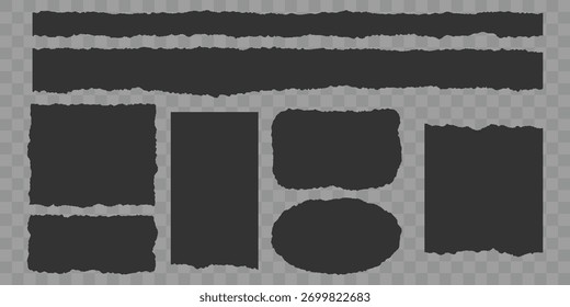 Empty callouts figures for text. Set of torn papers. Ripped paper strip. Vector hand drawn geometric shapes. Torn torn black cardboard paper pieces on background. Torn paper vector. Easy to reuse.