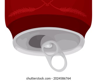 Empty can in upside down position with red label and decorated with wheat ears, isolated over white background.