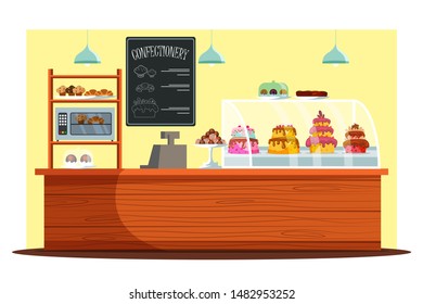 Empty Candy Store Flat Vector Illustration. Confectionery With No People, Pastry Shop Interior. Delicious Desserts, Confection Sale Business, Cafeteria Counter With Sweet Cakes, Cookies And Cashbox