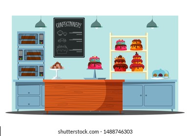 Empty candy store flat vector illustration. Confectionery with no people, pastry shop interior. Delicious desserts, confection sale business, Cafeteria counter with sweet cakes, cookies and cashbox