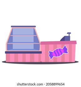 Empty candy store flat vector illustration. Candy shop without people. Candy shop business, candy counter for sweets and cash register