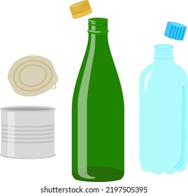 Empty cans, bottles, and plastic bottles with lids removed