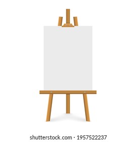 Empty canvas on wooden easel. Wooden brown easel. Blank art board. Mock up white canvas for painting. Easel with vertical poster. Space for your text and design advertising.