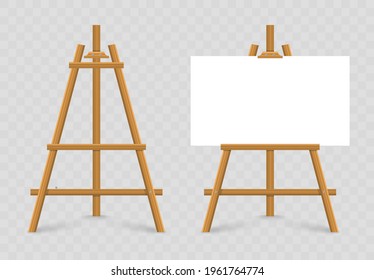 Empty canvas on wooden easel. Wooden brown easel. Blank art board. Mock up white canvas for painting. Easel with horizontal poster. Space for your text and design advertising.