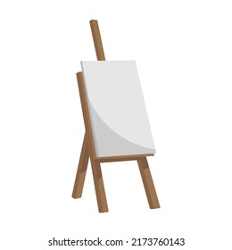 Empty Canvas On Wooden Easel. Wooden Brown Easel. Blank Art Board. Mock Up White Canvas For Painting.