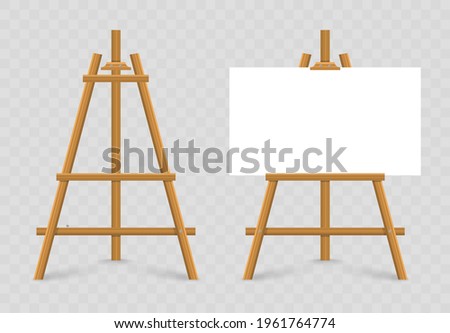 Empty canvas on wooden easel. Wooden brown easel. Blank art board. Mock up white canvas for painting. Easel with horizontal poster. Space for your text and design advertising.